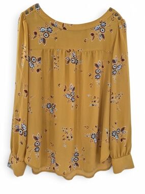 LOFT Mustard Floral Blouse‎ L Boho Cottagecore Romantic Long Sleeve Peasant Top